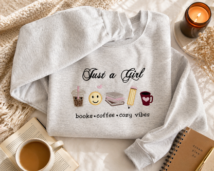 Cozy Book Lover Sweatshirt, Just A Girl Embroidered Sweatshirt, Coffee Lover Crewneck, Reader Aesthetic Sweater, Cozy Girl Gift