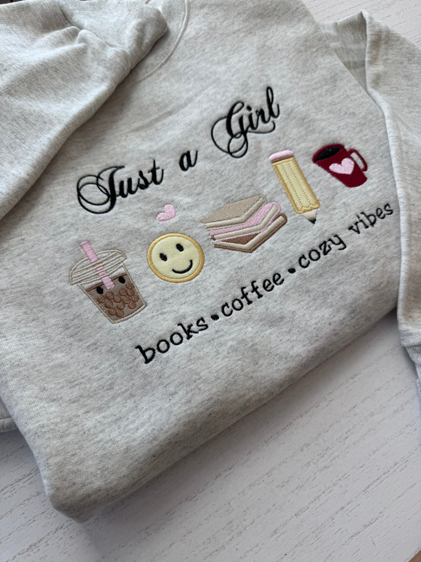 Cozy Book Lover Sweatshirt, Just A Girl Embroidered Sweatshirt, Coffee Lover Crewneck, Reader Aesthetic Sweater, Cozy Girl Gift