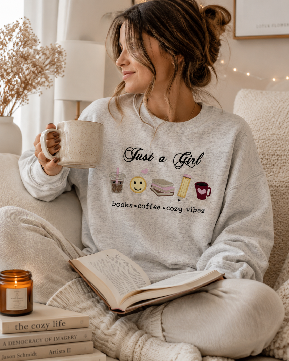 Cozy Book Lover Sweatshirt, Just A Girl Embroidered Sweatshirt, Coffee Lover Crewneck, Reader Aesthetic Sweater, Cozy Girl Gift
