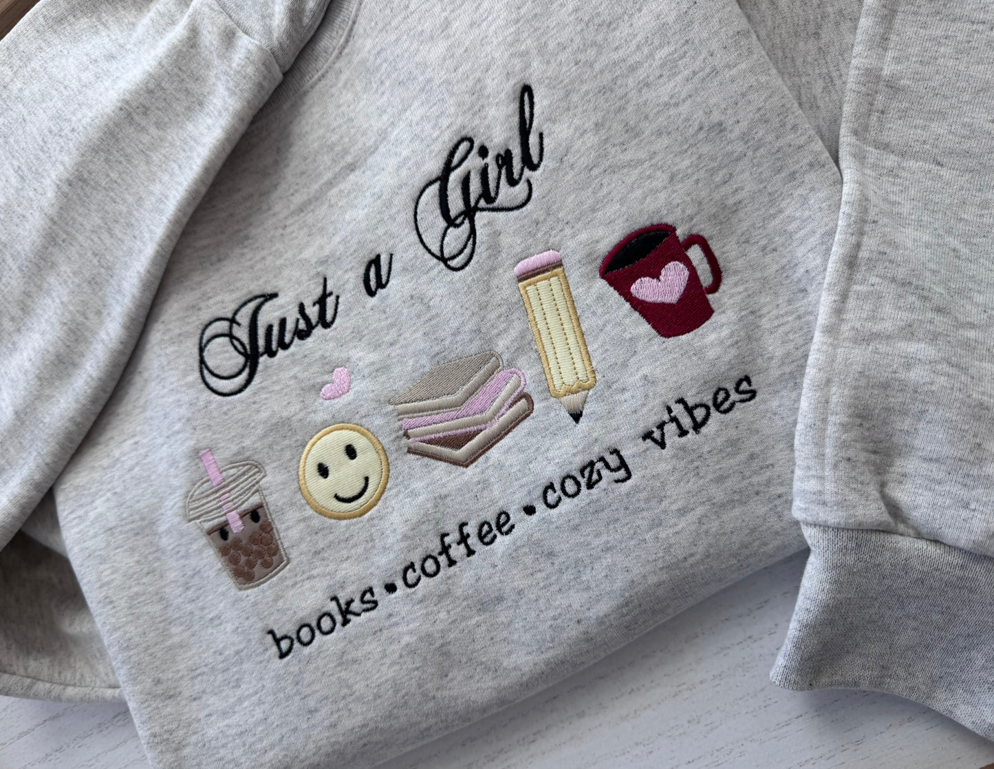 Cozy Book Lover Sweatshirt, Just A Girl Embroidered Sweatshirt, Coffee Lover Crewneck, Reader Aesthetic Sweater, Cozy Girl Gift