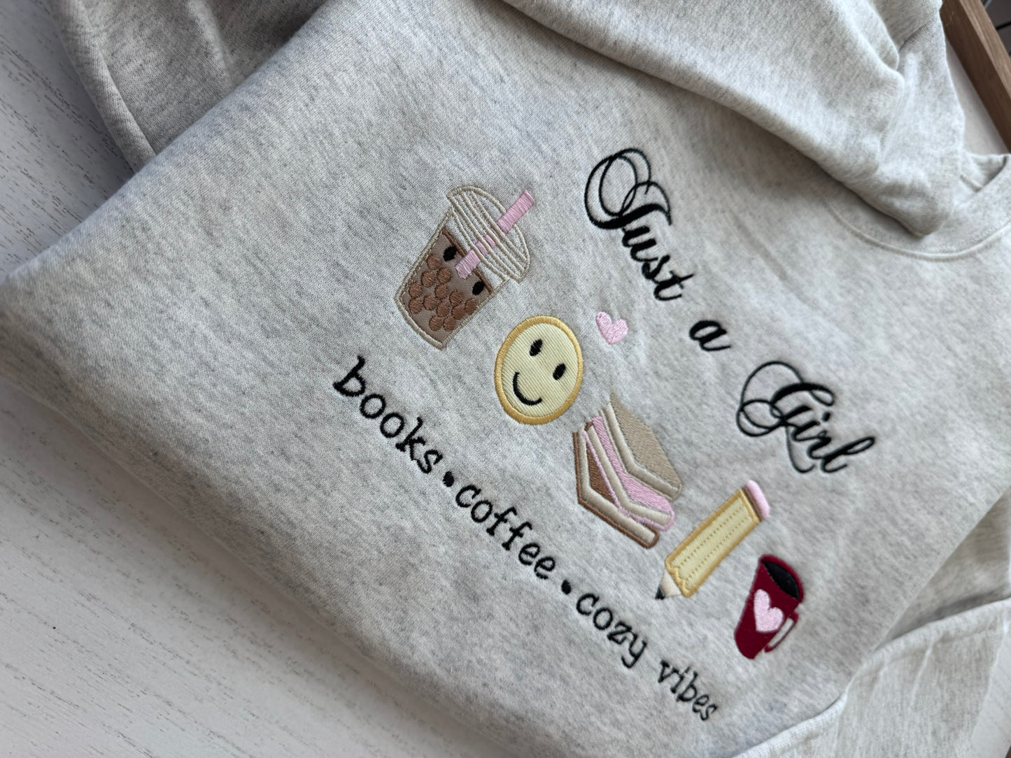 Cozy Book Lover Sweatshirt, Just A Girl Embroidered Sweatshirt, Coffee Lover Crewneck, Reader Aesthetic Sweater, Cozy Girl Gift