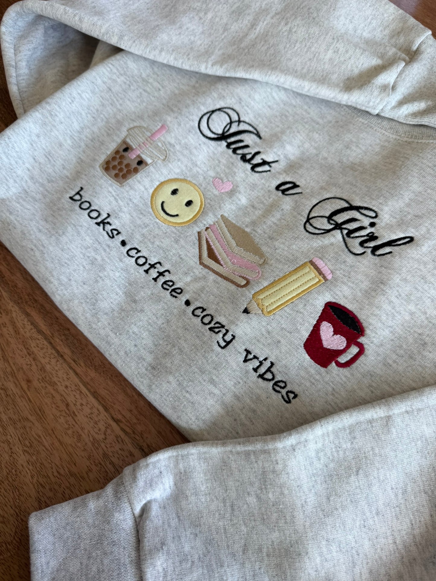 Cozy Book Lover Sweatshirt, Just A Girl Embroidered Sweatshirt, Coffee Lover Crewneck, Reader Aesthetic Sweater, Cozy Girl Gift