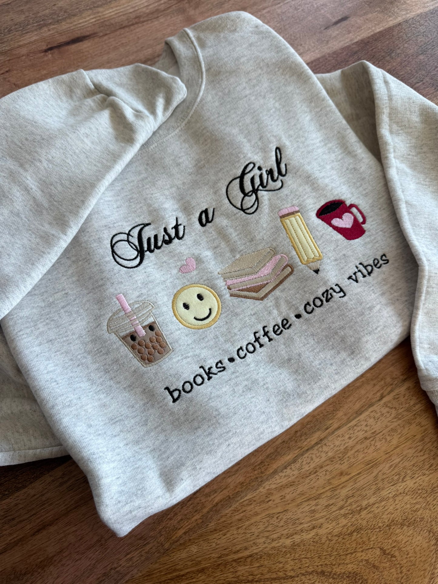 Cozy Book Lover Sweatshirt, Just A Girl Embroidered Sweatshirt, Coffee Lover Crewneck, Reader Aesthetic Sweater, Cozy Girl Gift