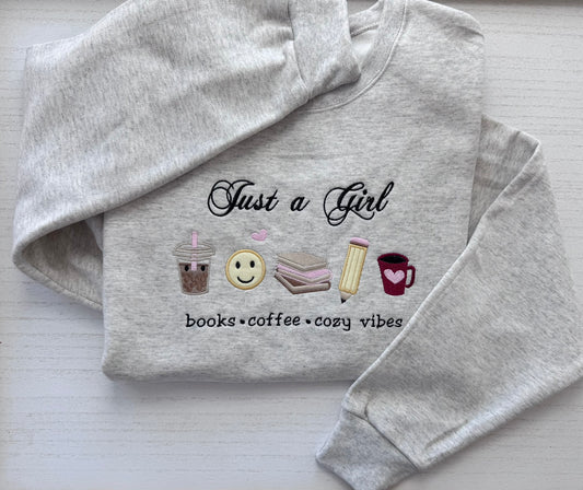 Just a Girl book lover embroidered oatmeal sweatshirt