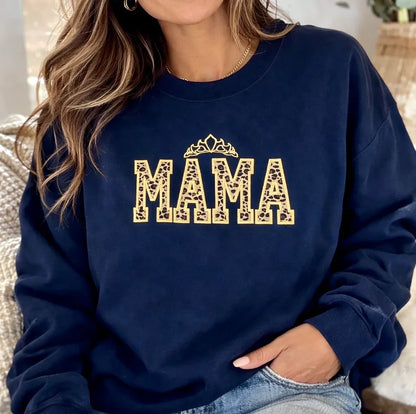 black sweatshirt with 'MAMA' Leopard  embroidered applique with outline gold 