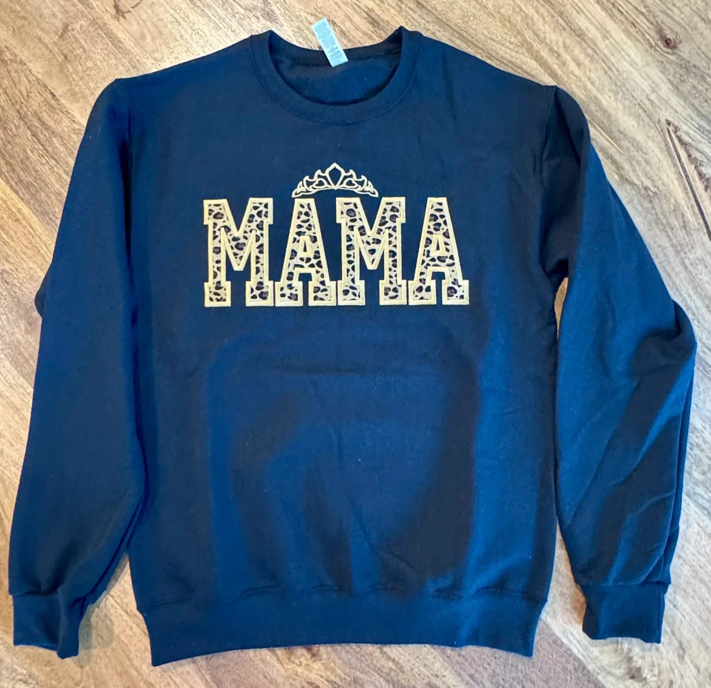 Embroidered Mama Leopard with gold crown in  black sweatshirt