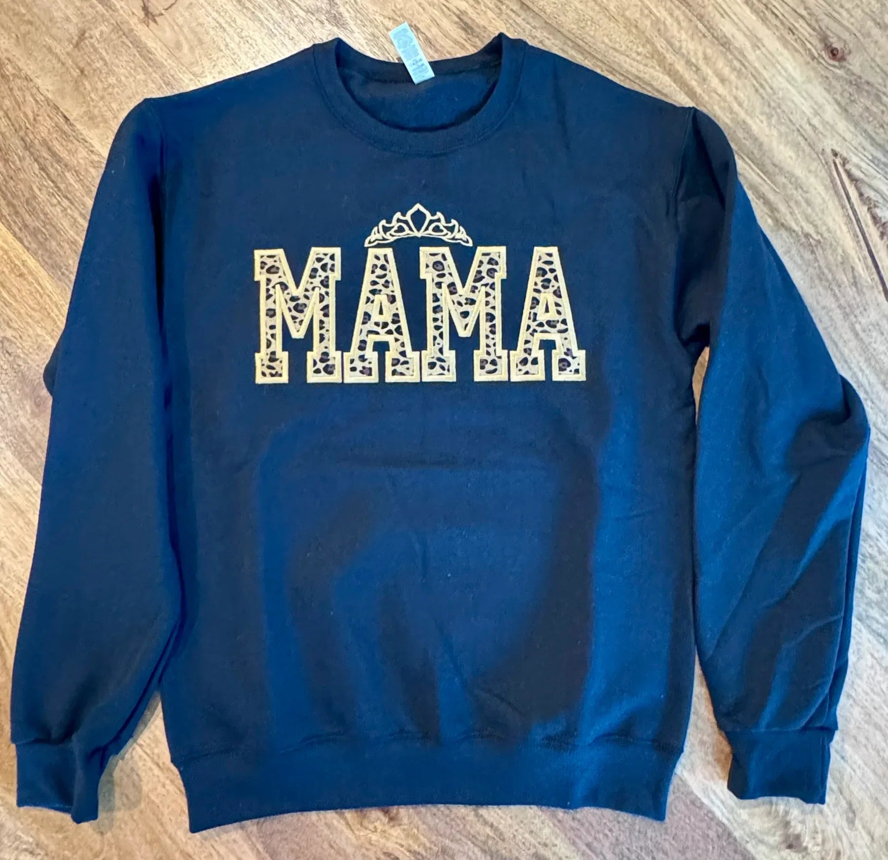 Embroidered Mama Leopard with gold crown in  black sweatshirt