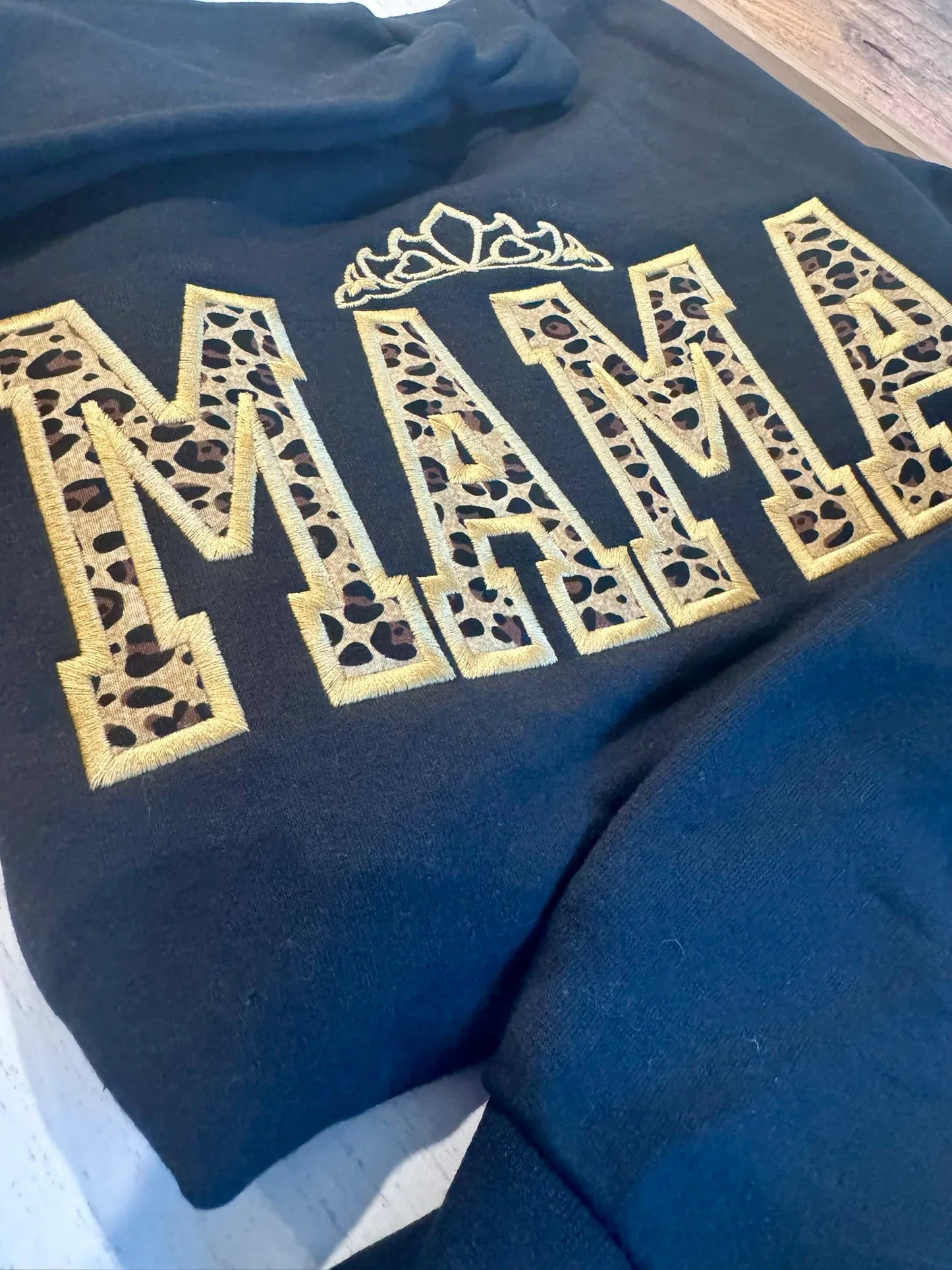 Mama Leopard Applique embroidered black sweatshirt with gold crown