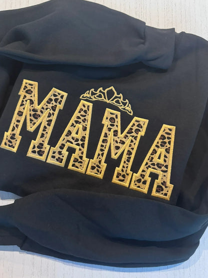 Black hoodie with 'MAMA' in  leopard embroidered applique with gold crown 