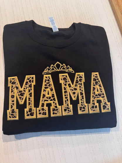 Leopard Mama Embroidered black sweatshirt with gold crown 