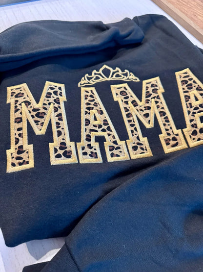 Black Sweatshirt with Mama Leopard applique embroidered with gold crown