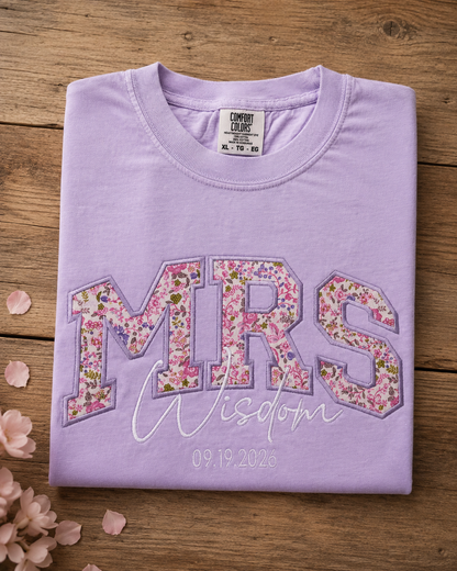 Lavender Comfort Colors MRS shirt with personalized floral fabric appliqué and embroidery