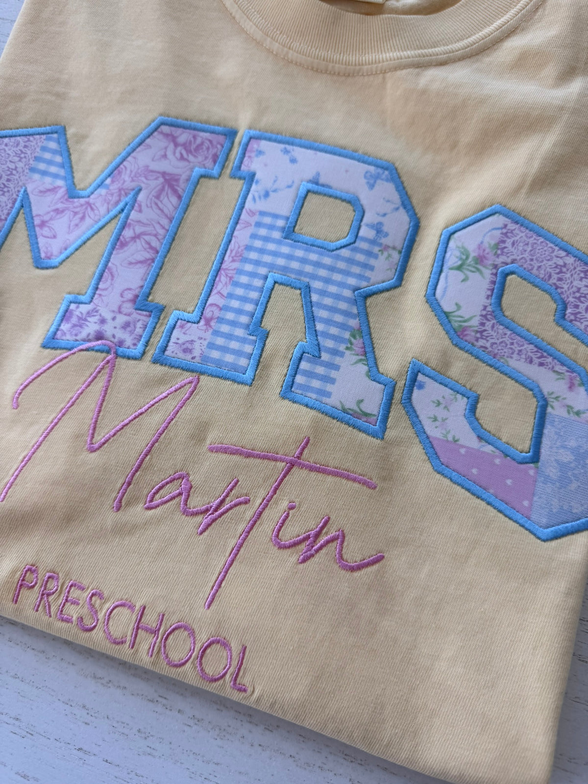 butter comfort colors shirt personalized MRS appliqué with custom thread color, name and established year