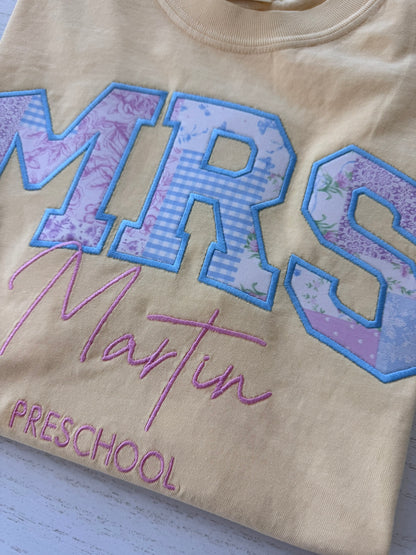 butter comfort colors shirt personalized MRS appliqué with custom thread color, name and established year