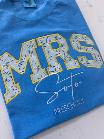 Personalized MRS appliqué shirt with embroidered last name and established year on blue Comfort Colors tee