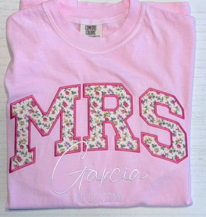 Light pink personalized MRS appliqué shirt with embroidered name and established year