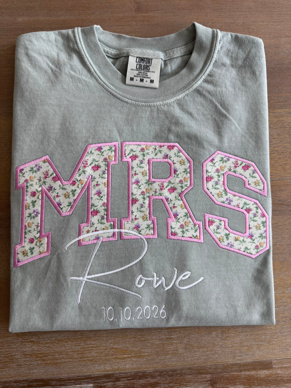 Light greenpersonalized MRS appliqué shirt with floral fabric letters and custom embroidery