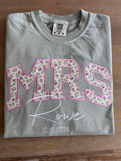 Light greenpersonalized MRS appliqué shirt with floral fabric letters and custom embroidery