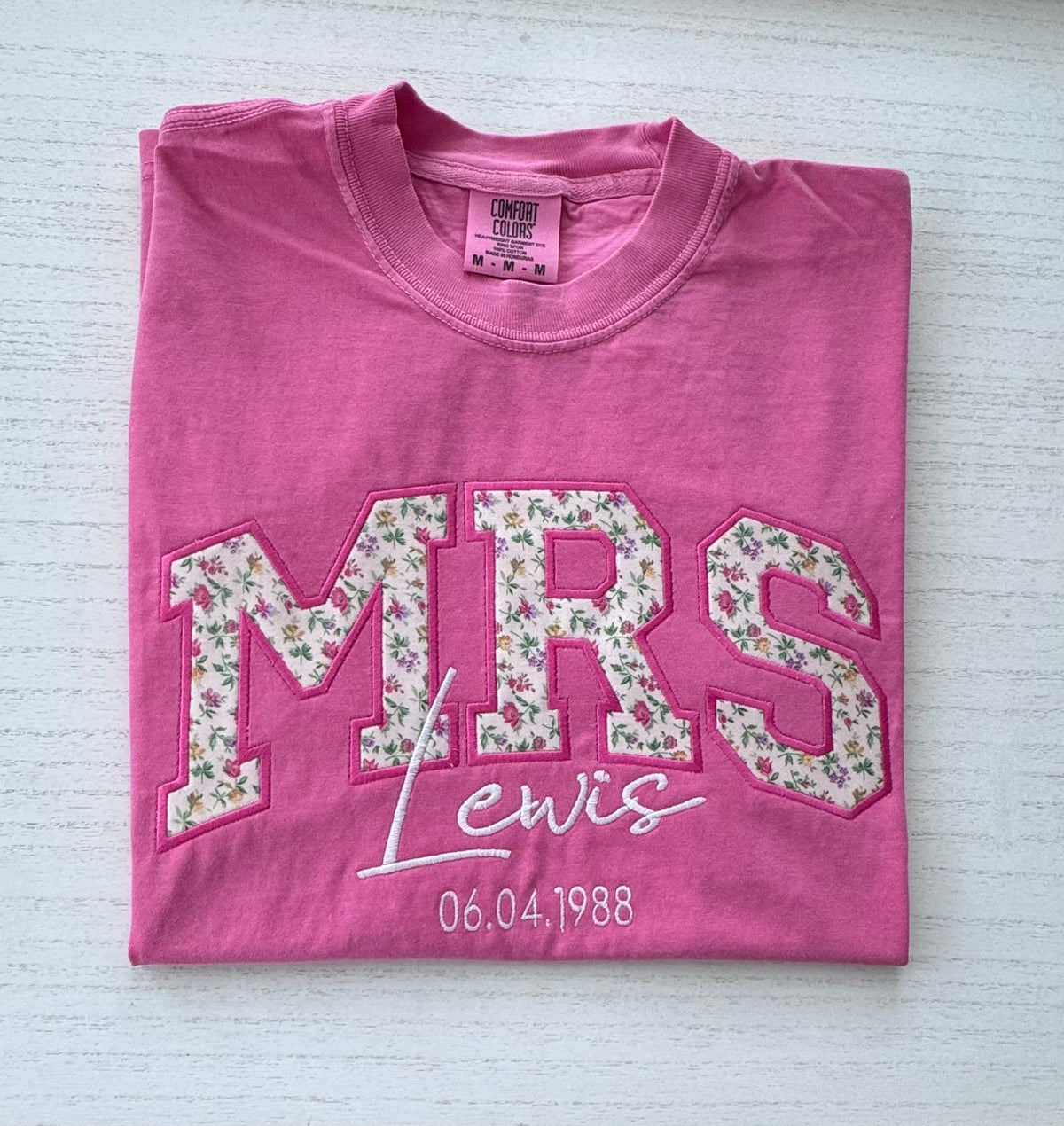 Crunchberry Comfort Colors MRS shirt with custom fabric appliqué and embroidered details