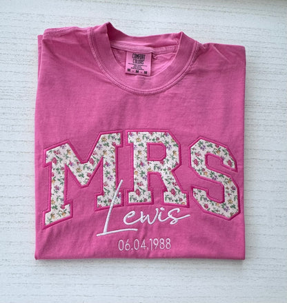 Crunchberry Comfort Colors MRS shirt with custom fabric appliqué and embroidered details