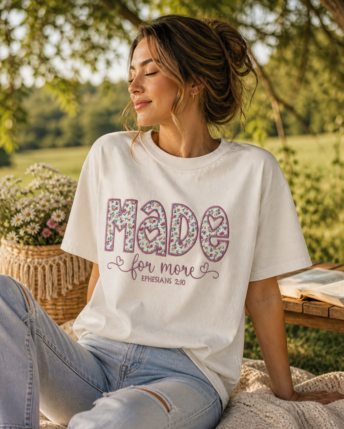Made for More Floral Appliqué Christian Sweatshirt & Tee | Ephesians 2:10 | Faith Gift for Women