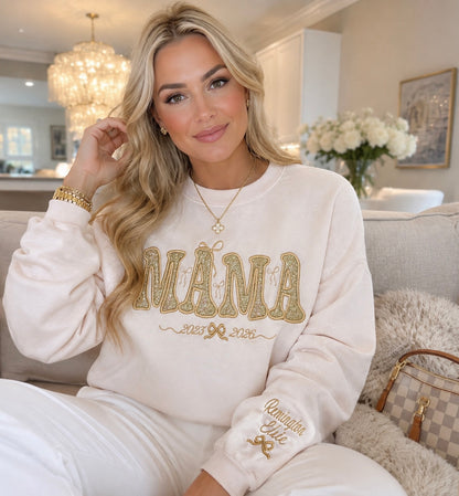 Personalized Glitter Gold Mama Sweatshirt & Hoodie | Champagne Appliqué | Coquette Bows | Custom Sleeve Names
