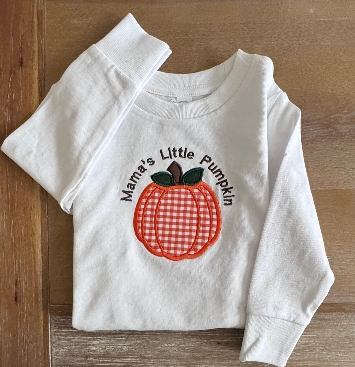 Mama’s Little Pumpkin embroidered toddler shirt with orange gingham pumpkin applique