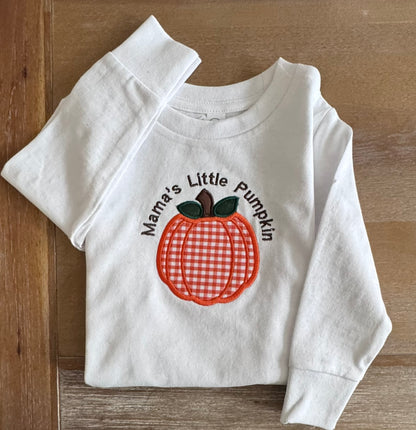 Mama’s Little Pumpkin embroidered toddler shirt with orange gingham pumpkin applique