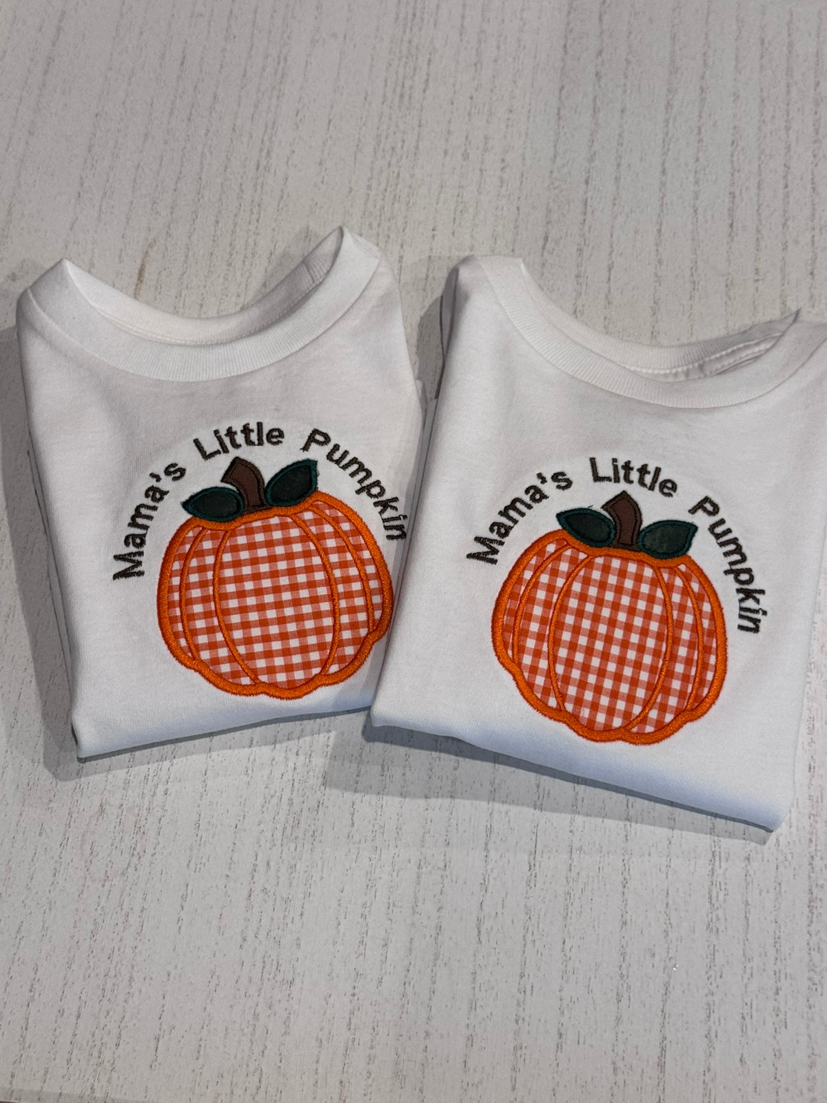 Personalized embroidered toddler pumpkin shirts with gingham applique for pumpkin patch photos