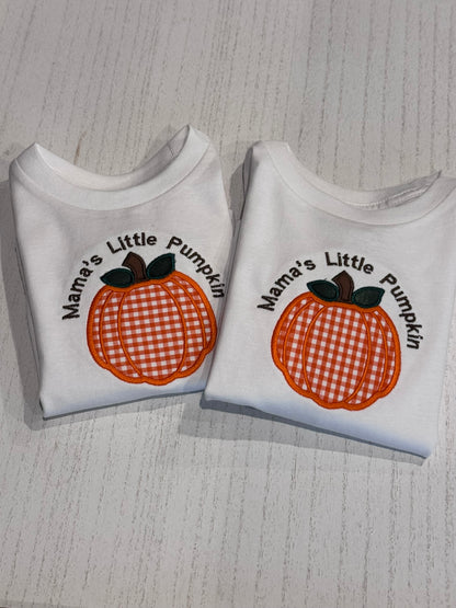 Personalized embroidered toddler pumpkin shirts with gingham applique for pumpkin patch photos