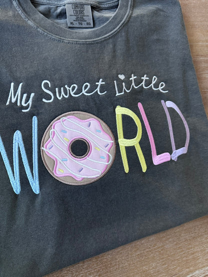 My Sweet Little World Teacher Embroidered Donut Applique Shirt | Pastel Whimsical Teacher Comfort Colors Tee Kindergarten Gift