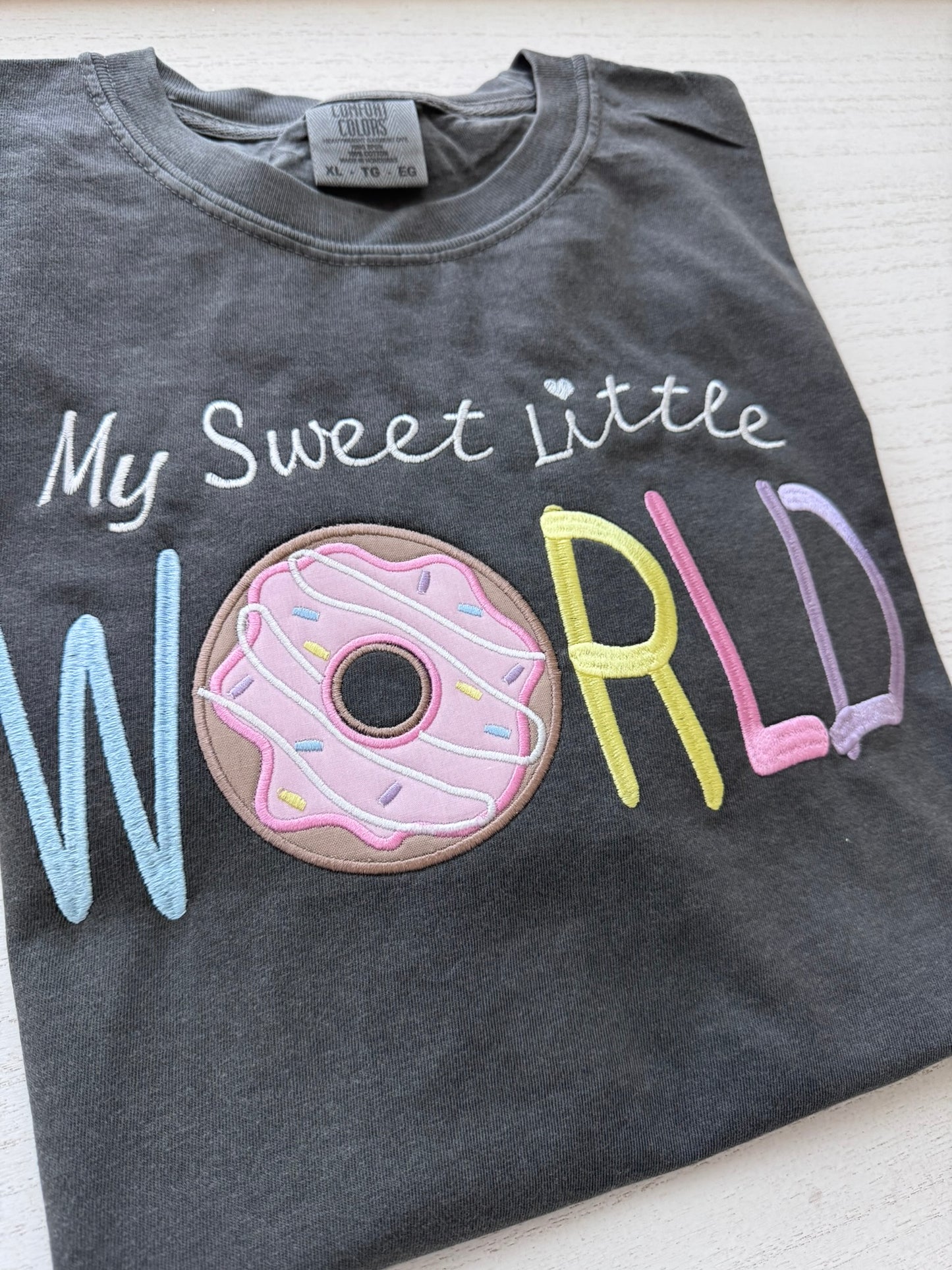 My Sweet Little World Teacher Embroidered Donut Applique Shirt | Pastel Whimsical Teacher Comfort Colors Tee Kindergarten Gift