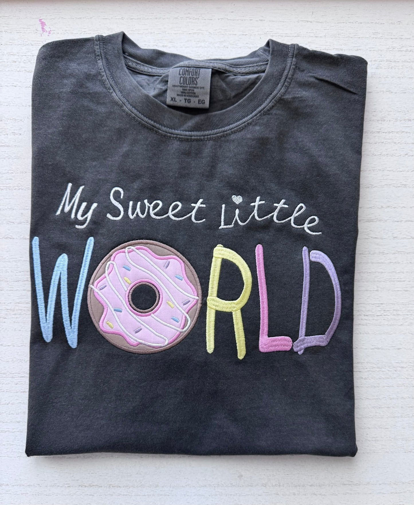 My Sweet Little World Teacher Embroidered Donut Applique Shirt | Pastel Whimsical Teacher Comfort Colors Tee Kindergarten Gift