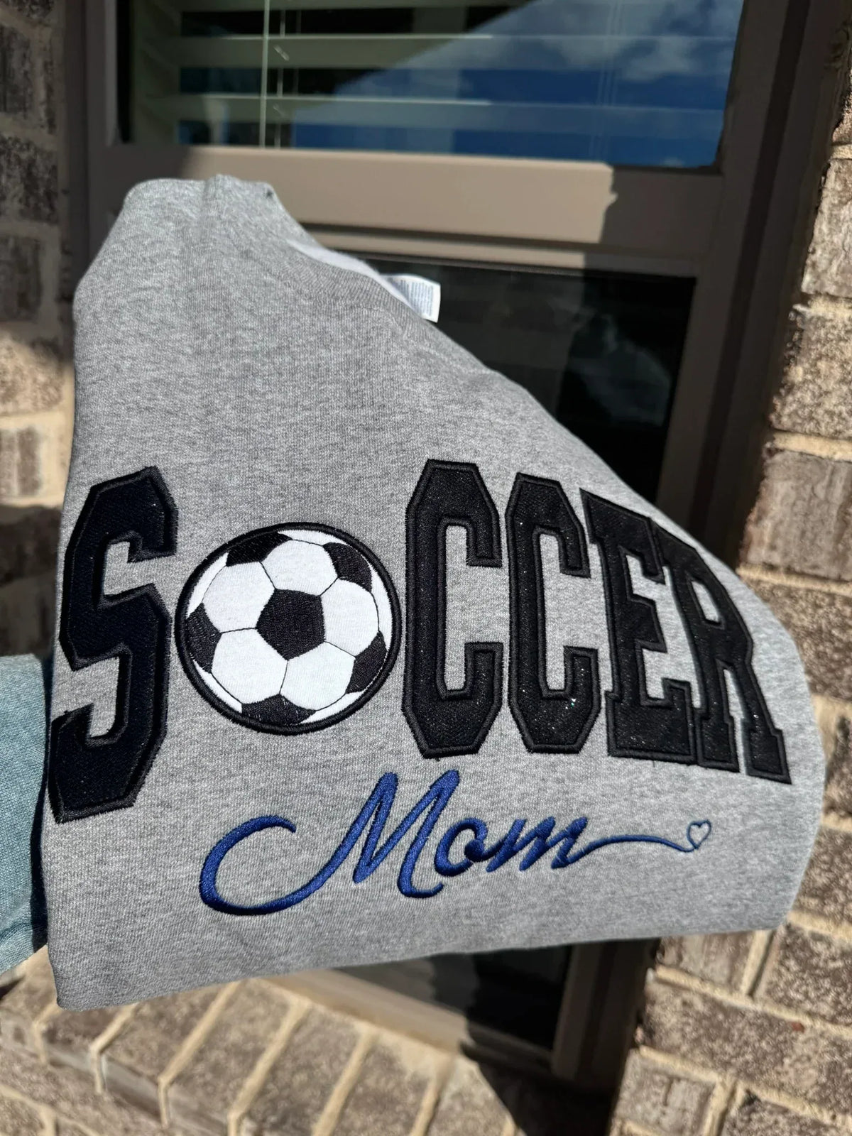 Soccer Mom varsity appliqué sweatshirt full view custom team crewneck