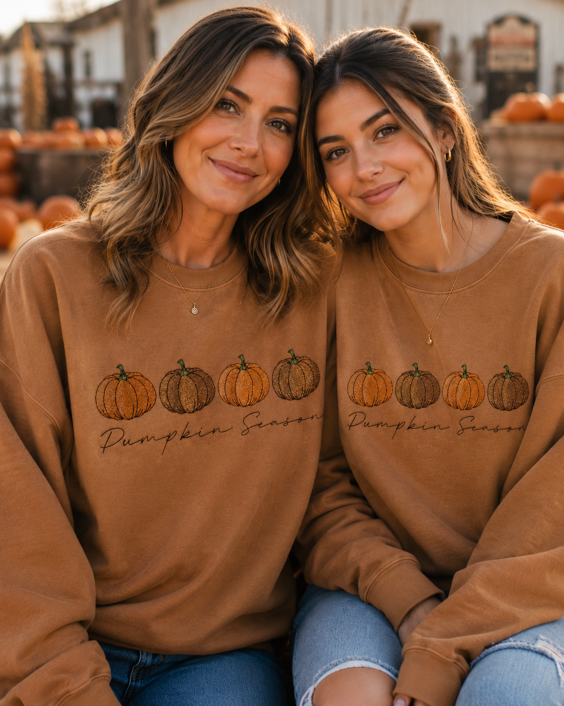 Two women wearing matching pecan Pumpkin Season embroidered sweatshirts outdoors
