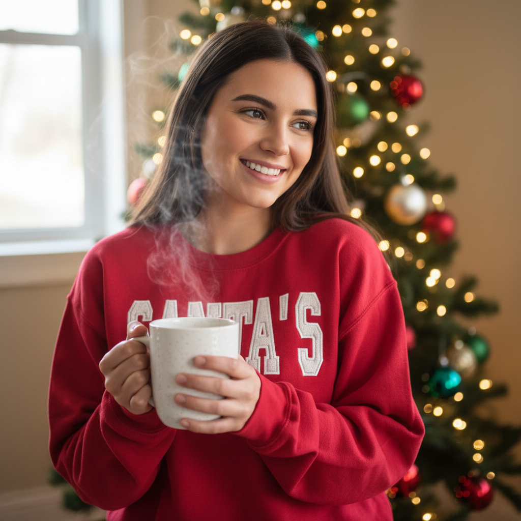 A woman smiling while holding a steaming white mug, wearing a red crewneck sweatshirt with 'SANTA'S' embroidered in white varsity-style letters. A decorated Christmas tree with warm lights is blurred in the background.