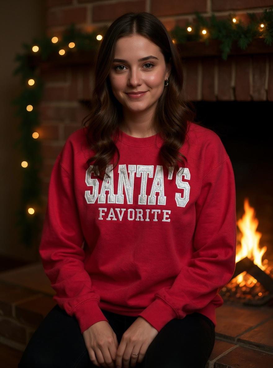 A woman wearing a red crewneck sweatshirt with 'SANTA'S FAVORITE' embroidered in white across the chest, sitting in front of a cozy fireplace with a burning fire and holiday garland in the background.