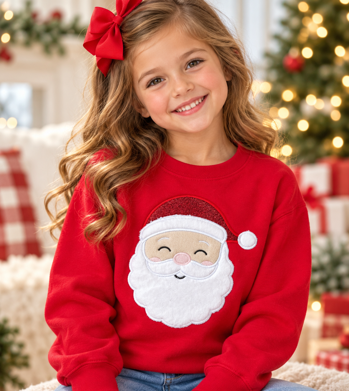 Personalized Kids’ Red Santa Face Embroidered Appliqué Sweatshirt