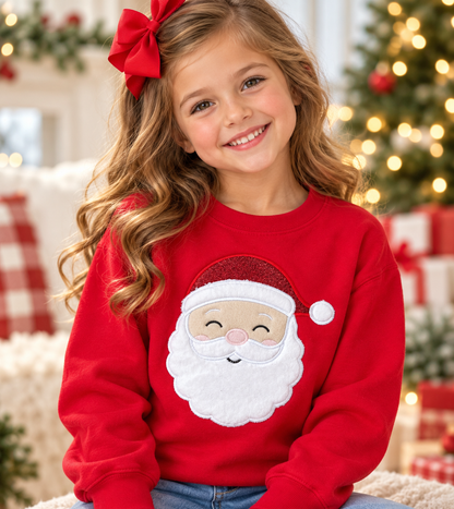 Personalized Kids’ Red Santa Face Embroidered Appliqué Sweatshirt