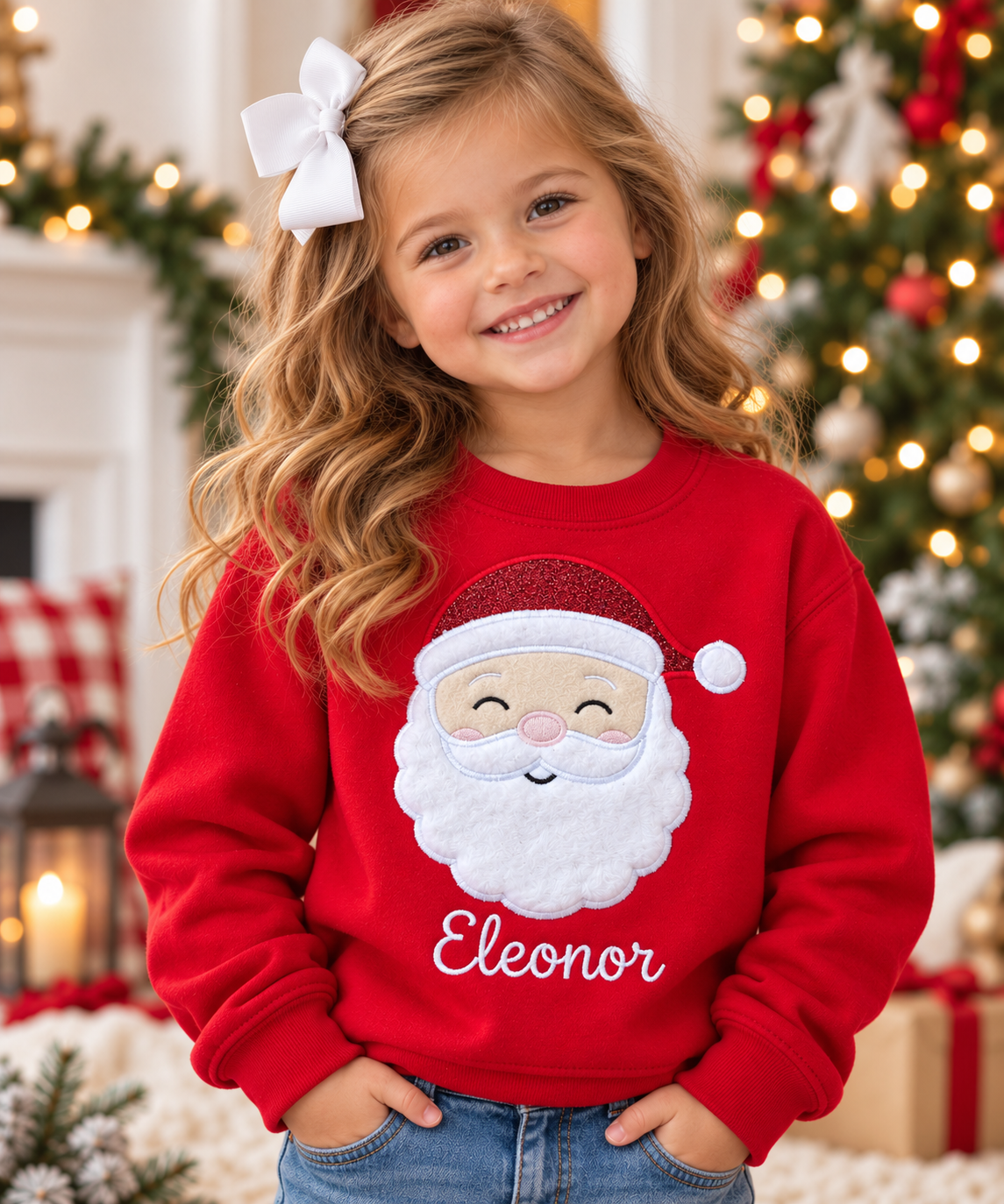 Personalized Kids’ Red Santa Face Embroidered Appliqué Sweatshirt