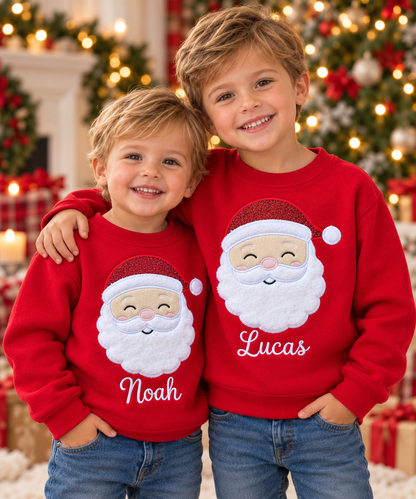 Personalized Kids’ Red Santa Face Embroidered Appliqué Sweatshirt