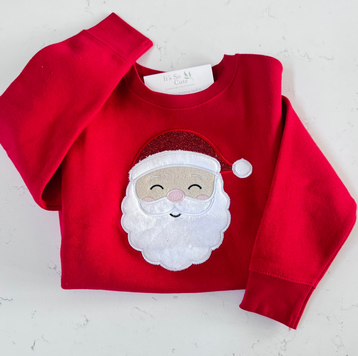 Personalized Kids’ Red Santa Face Embroidered Appliqué Sweatshirt