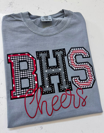 Custom BHS school initials applique Comfort Colors shirt with red, black, white and gray embroidered fabric design and Cheers script.