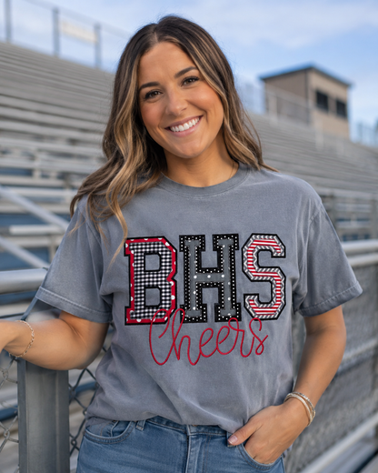 Woman wearing custom BHS applique school spirit Comfort Colors shirt with Cheers embroidery.