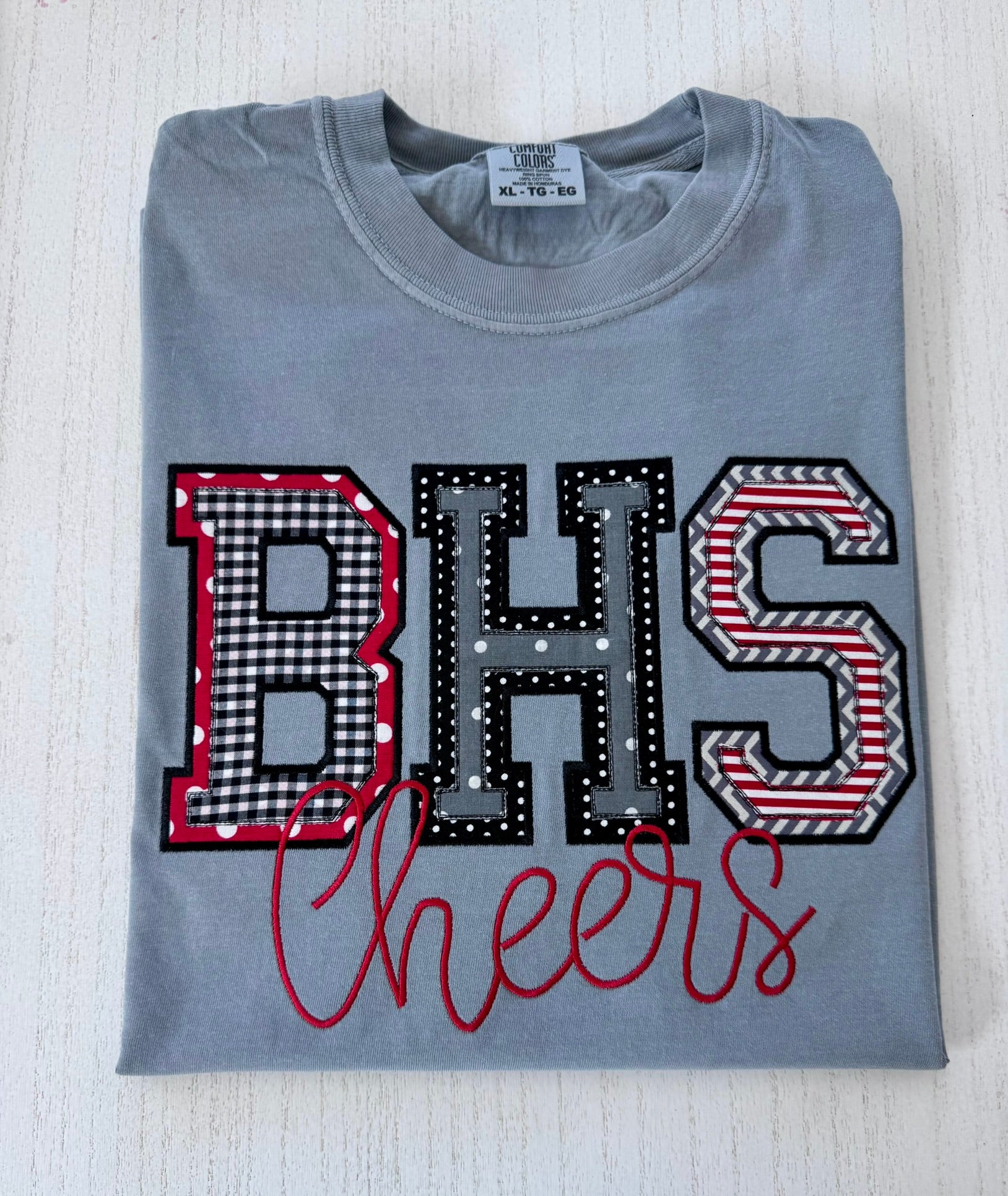 Custom BHS applique school spirit shirt shown on garment with embroidered Cheers personalization.