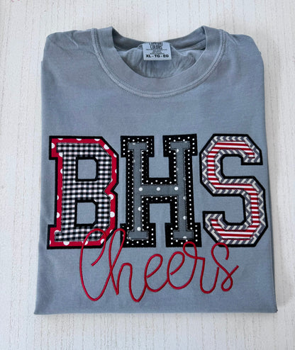 Custom BHS applique school spirit shirt shown on garment with embroidered Cheers personalization.