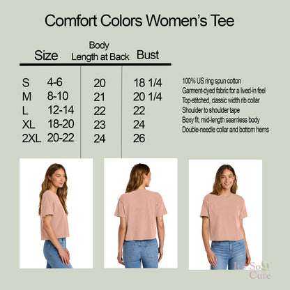 Size chart for Held by Grace Comfort Colors women's t-shirt showing measurements