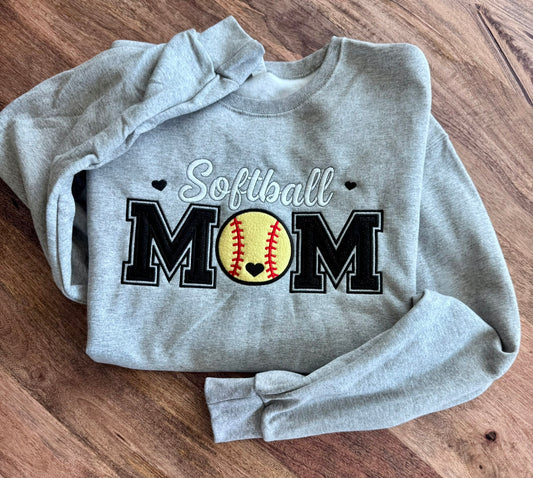 Softball Mom embroidered sweatshirt with black glitter appliqué