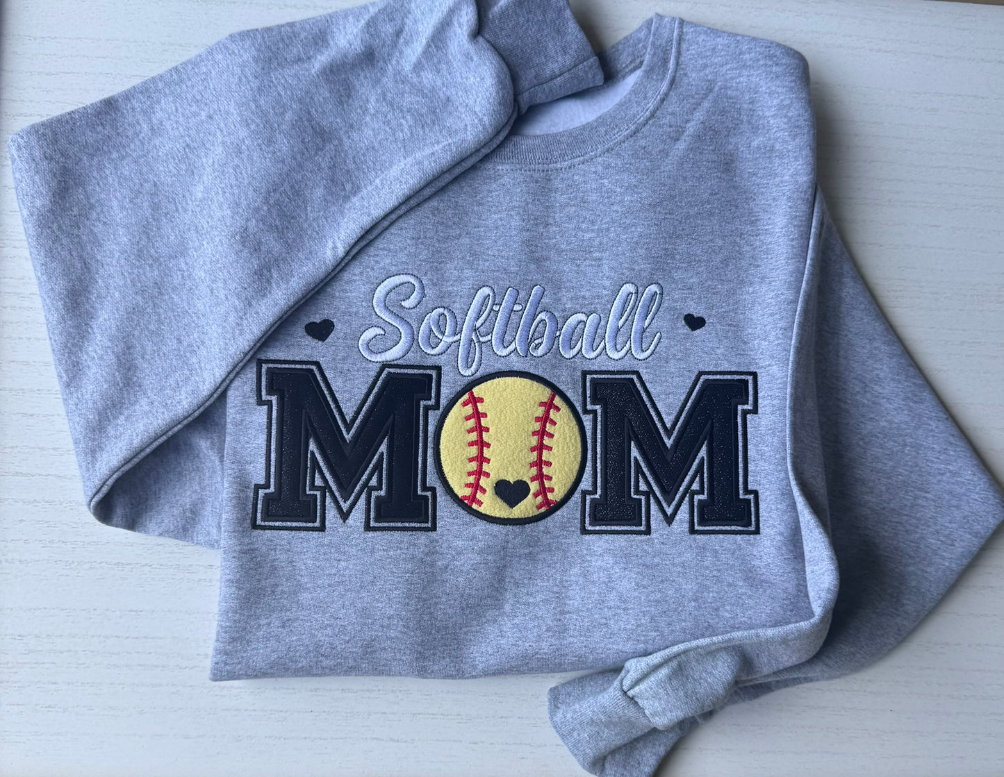 Embroidered Softball Mom Sweatshirt | Varsity Appliqué Crewneck | Custom Sleeve Name | It's So Cute®