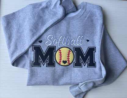 Embroidered Softball Mom Sweatshirt | Varsity Appliqué Crewneck | Custom Sleeve Name | It's So Cute®
